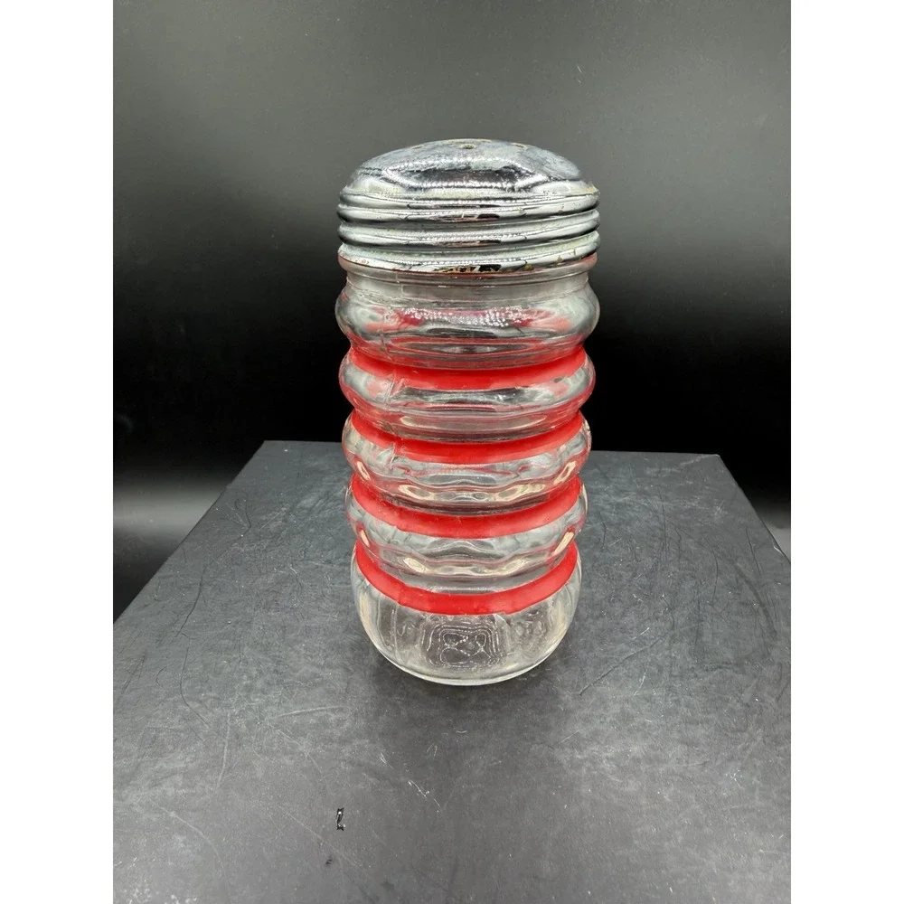 🍳✨ Vintage Hazel Atlas Stripe Kitchen Shaker – Clear Glass w/ Red Stripes ✨🍳